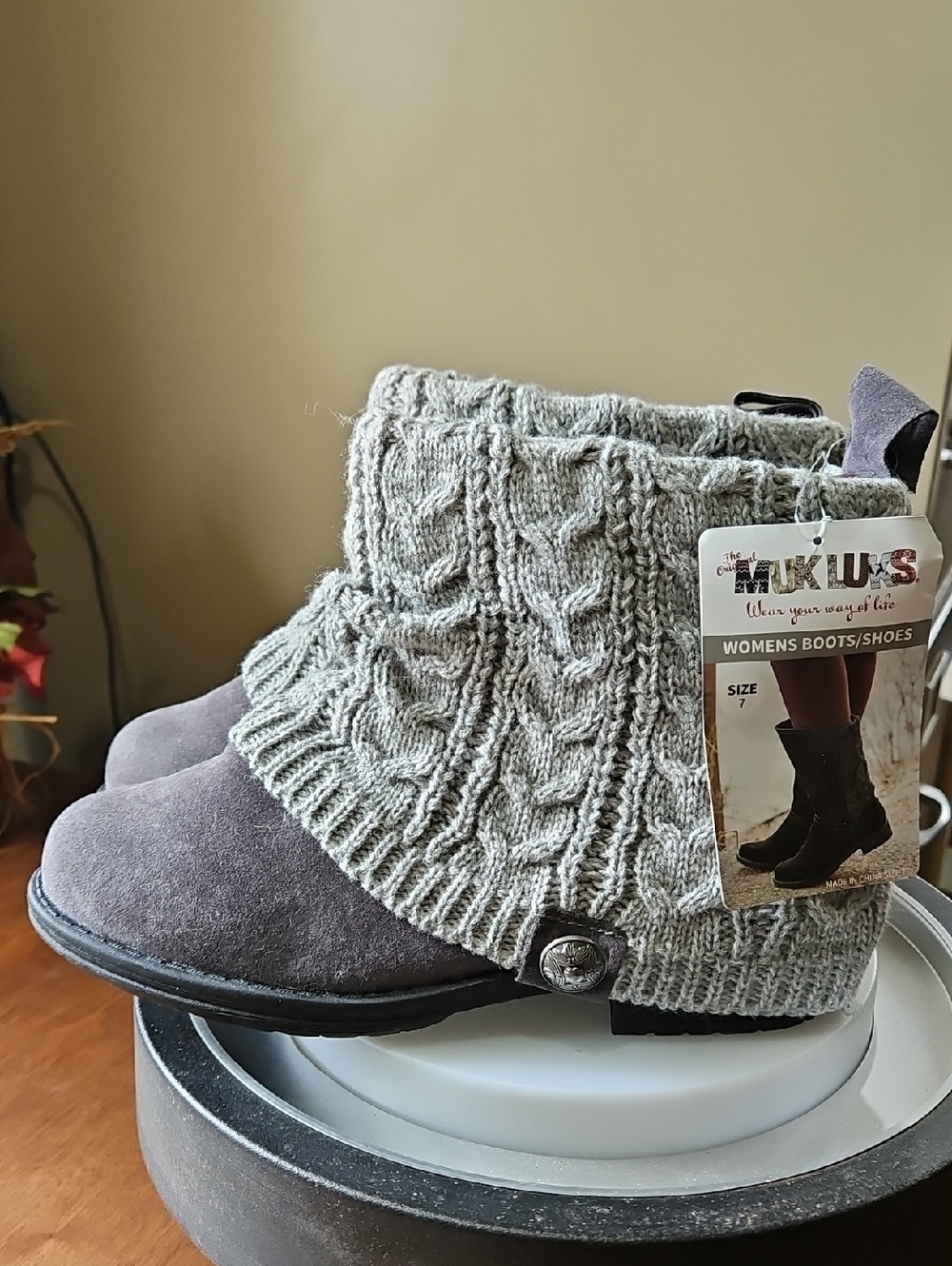 Muk Luks Gray Knit Cuff Ankle Boots